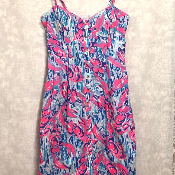 Lilly Pulitzer Adjustable Strap Cosmic Coral Neon Pink Easton Summer Aline Dress - Picture 1 of 12